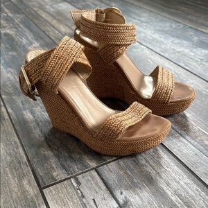 Stuart Weitzman Tan Wedge Sandals with Textured Upper